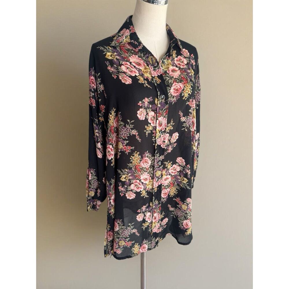 Vintage 1990s Express Shear Black Floral Button Up Tunic Long Blouse Small